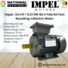 Impel 0.5 HP 4 Pole IE2 1380 RPM B3 Foot Mounting 71 Frame 415V Three Phase squirrel Cage Induction Motor