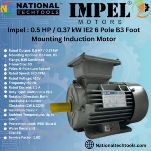 Impel 0.5 HP 6 Pole IE2 1000RPM B3 Foot Mounted 80 Frame 415V Three-Phase Squirrel Cage Induction Motor