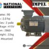 Impel 1.5 kw 2.0HP 2 Pole IE2 2860RPM B3 Foot Mounted 90 Frame 415V Motor