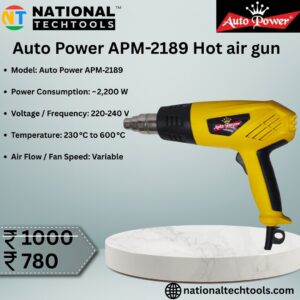 The Auto Power APM‑2189 Hot Air Gun is a powerful and reliable heating tool designed for a wide range of applications including paint stripping, plastic bending, shrink wrapping, thawing frozen pipes, and more. With a high power input of approximately 2,200 watts, this heat gun delivers fast and consistent heating performance for both home users and professionals. Equipped with adjustable temperature control, the APM‑2189 allows precise heat adjustment between approximately 230 °C to 600 °C, giving you full control based on the material and task. Whether you are working on electronics repair, auto detailing, or construction projects, this hot air gun delivers the versatility you need. Its ergonomic design ensures comfortable handling during prolonged use, and the lightweight body (~0.9 kg) reduces fatigue. The heat gun includes a round standard nozzle for general-purpose use and a durable power cord approximately 1 metre long, providing ample mobility.