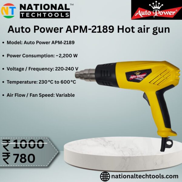 The Auto Power APM‑2189 Hot Air Gun is a powerful and reliable heating tool designed for a wide range of applications including paint stripping, plastic bending, shrink wrapping, thawing frozen pipes, and more. With a high power input of approximately 2,200 watts, this heat gun delivers fast and consistent heating performance for both home users and professionals. Equipped with adjustable temperature control, the APM‑2189 allows precise heat adjustment between approximately 230 °C to 600 °C, giving you full control based on the material and task. Whether you are working on electronics repair, auto detailing, or construction projects, this hot air gun delivers the versatility you need. Its ergonomic design ensures comfortable handling during prolonged use, and the lightweight body (~0.9 kg) reduces fatigue. The heat gun includes a round standard nozzle for general-purpose use and a durable power cord approximately 1 metre long, providing ample mobility.