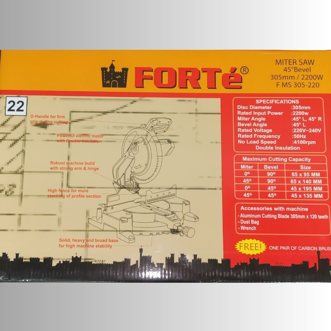 FORTÉ FMS 305-220 305mm 2200W Heavy Duty Mitre Saw – 4100 RPM, 45° Left/Right Miter & 45° Bevel, Double Insulated - Image 11